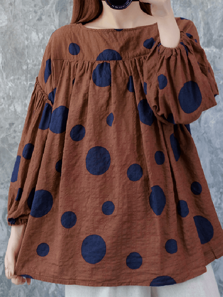 Women Vintage Polka Dot Print Puff Sleeve Loose Pleated Blouse - MRSLM