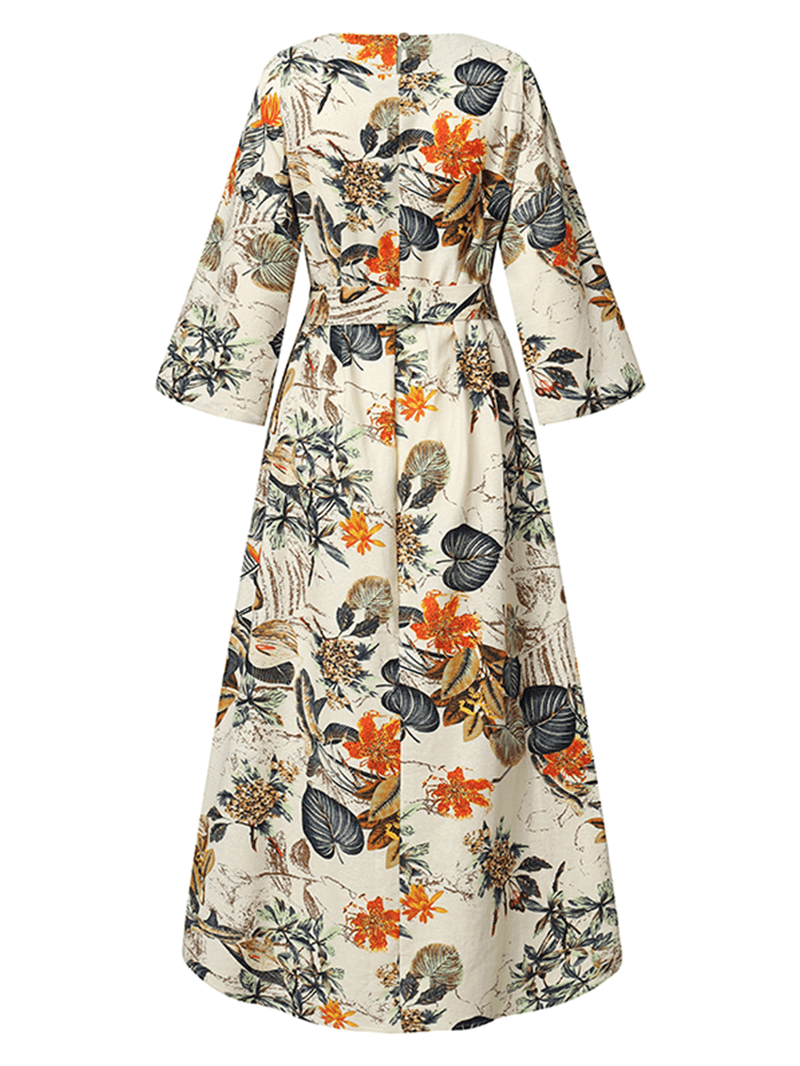 Women Floral Print O-Neck 3/4 Sleeve Casual Belted Maxi Dresses - MRSLM