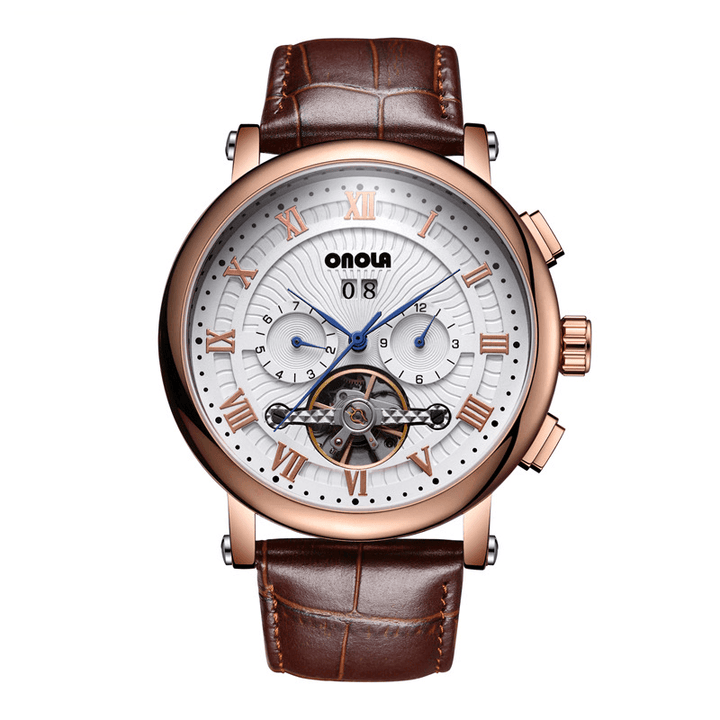ONOLA ON6801 Fashion Men Automatic Watch Flywheel Hollow Date Display Leather Strap Mechanical Watch - MRSLM
