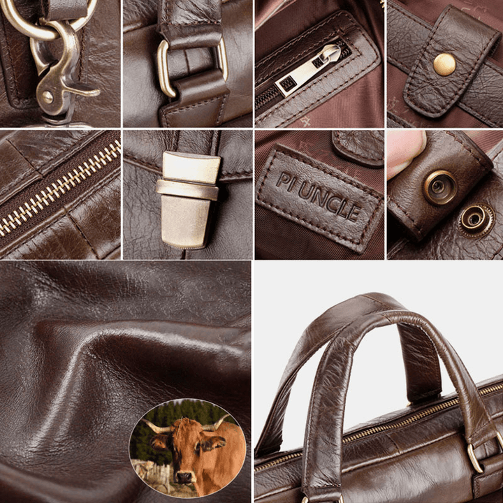 Men Genuine Leather Multi-Function Retro Solid Color Large Capacity Handbag Shoulder Bag Cross Body Bag - MRSLM