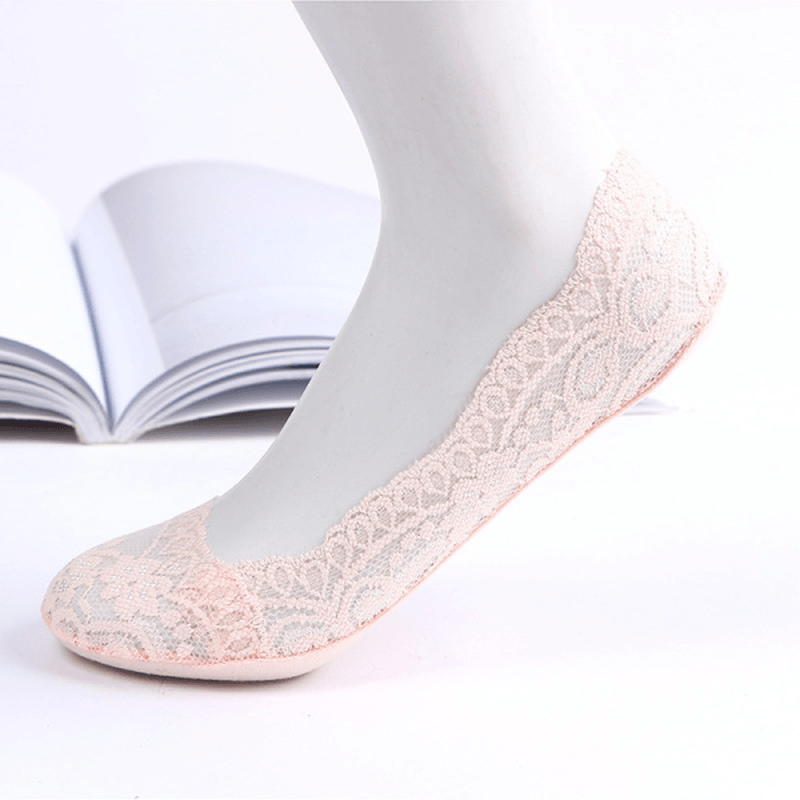 Women Breathable Lace Antiskid Silicone Invisible Boat Socks Low Cut Shallow Socks - MRSLM