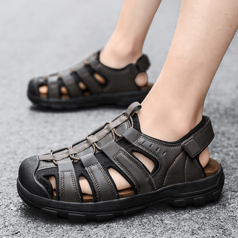 Men Cowhide Leather Breathable Soft Bottom Non Slip Comfy Casual Outdoor Sandals - MRSLM