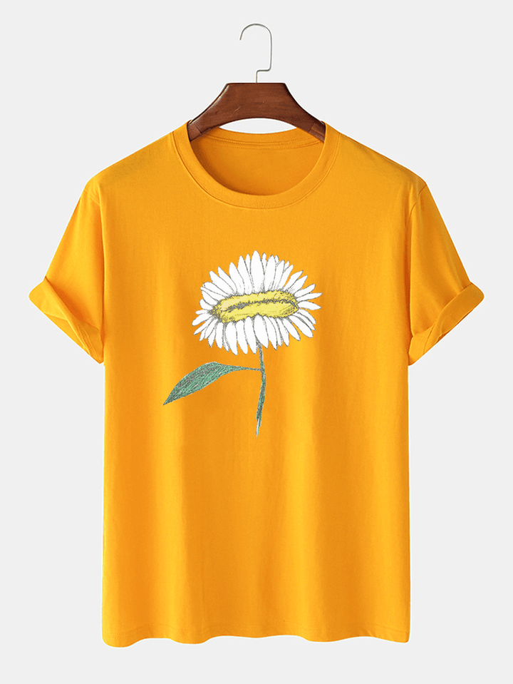 Mens Hand-Painted Flower Print 100% Cotton O-Neck Short Sleeve T-Shirt - MRSLM