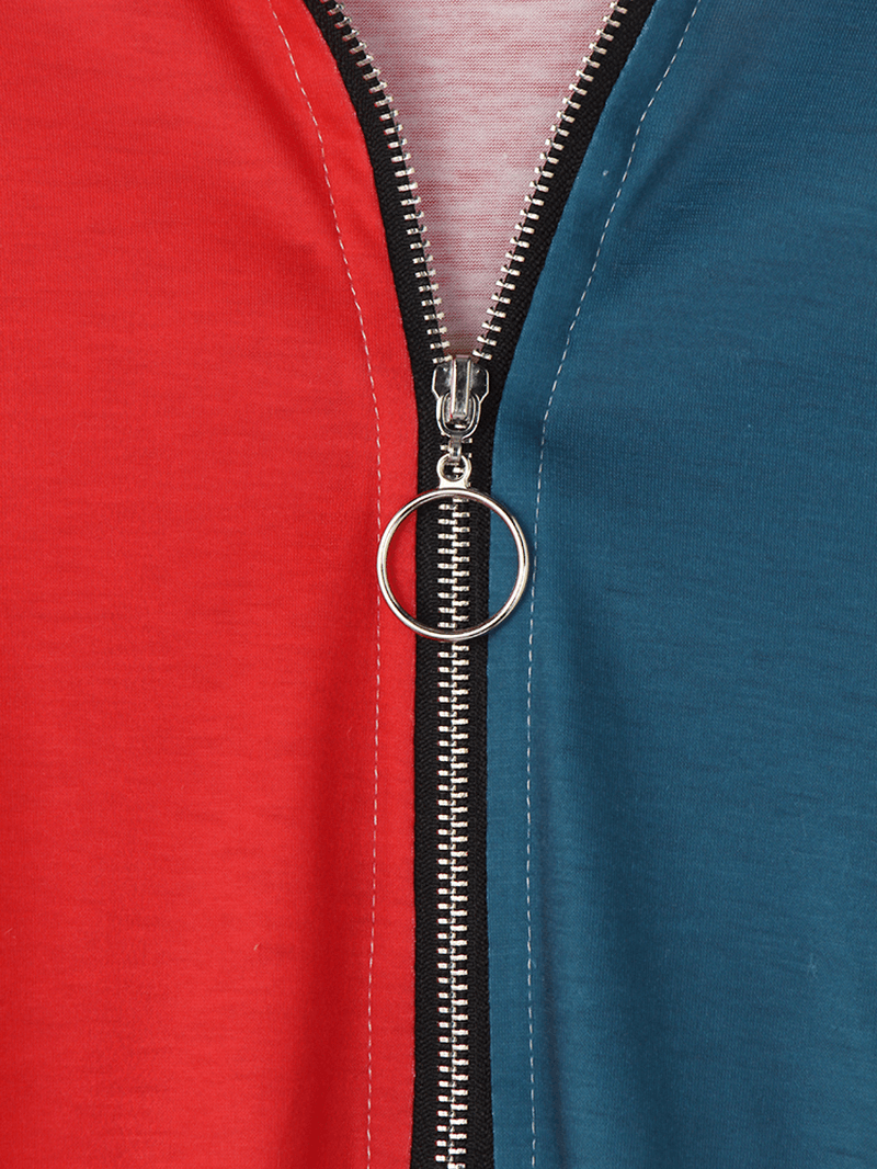 Women Contrast Color Striped Zipper Front Lapel Casual Long Sleeve Blouse - MRSLM