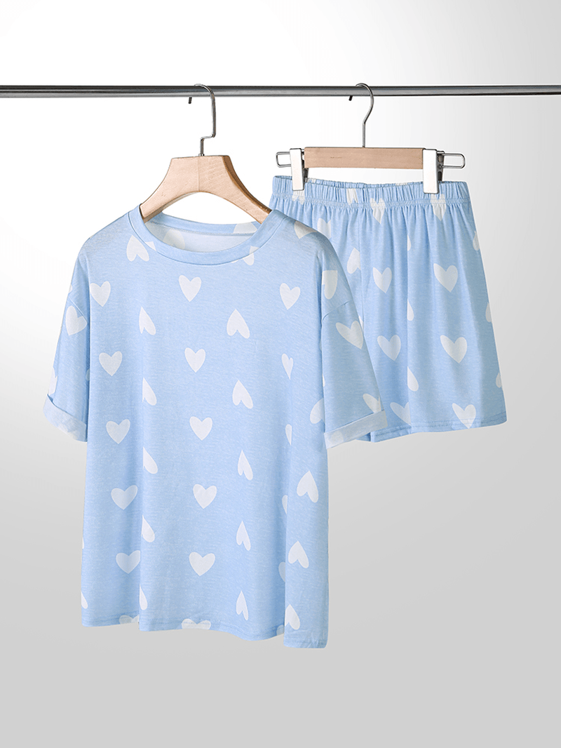 Plus Size Women Heart Print Short Sleeve Elastic Waist Casual Pajamas Sets - MRSLM