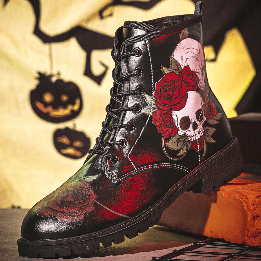 Men Leather Halloween Retro Floral Soft Sole Lace up Skull Printing Comfy Casual Boots - MRSLM
