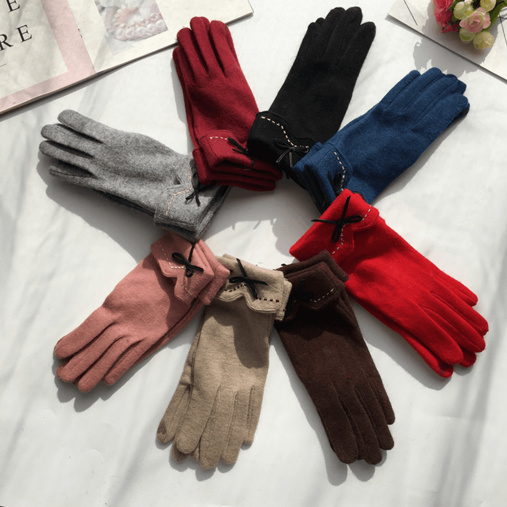 Women Wool Screen-Touchable Embroidery Dotted Line Bowknot Keep Warm Fashion Casual Gloves - MRSLM