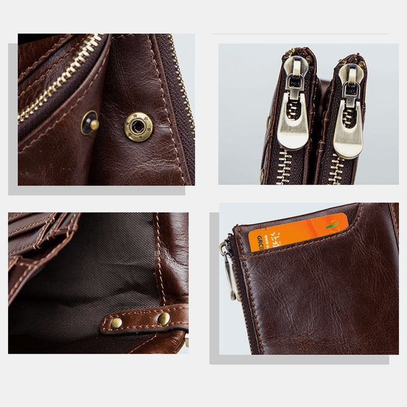 Men Vinatge Genuine Leather RFID Blocking Chain Zipper Coin Bag Wallet - MRSLM