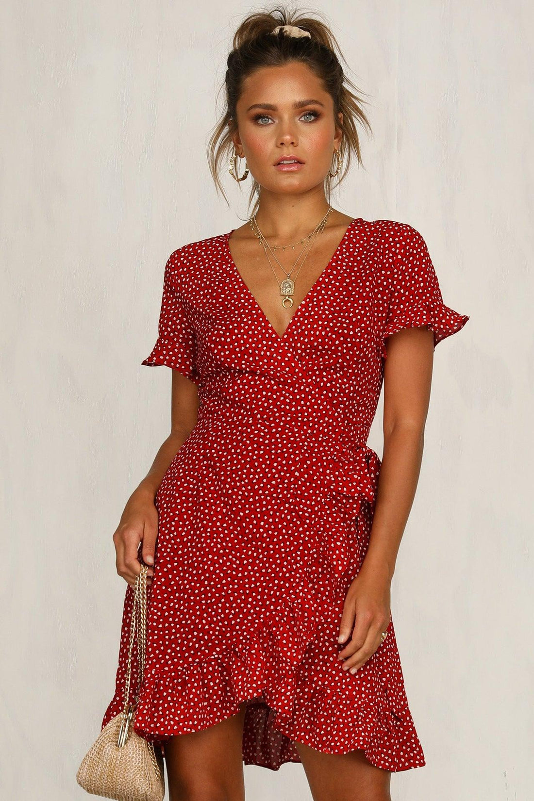 Printed V-neck Lace-up Ruffled Dress