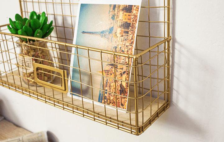 Gold Wall Hanging Storage Rack DIY Iron Mesh Grid Multi-function Photo Display Panel Hanging Home Decorative Shelf Holder - MRSLM