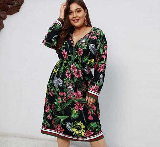 Printed long-sleeved V-neck dress - MRSLM
