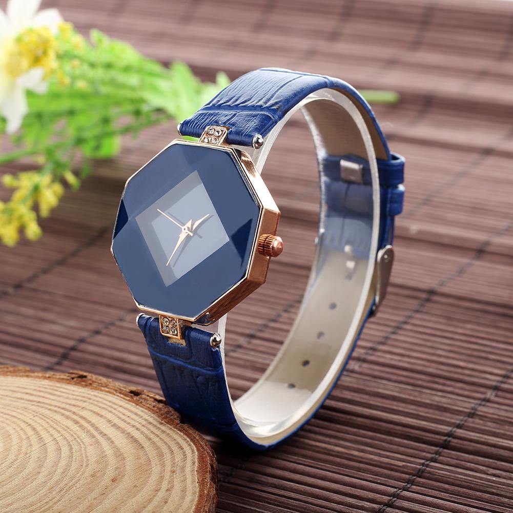 Lady's Rhombic Rhinestone Fine Faux Leather Strap Analog Quartz Wrist Watch Gift - MRSLM