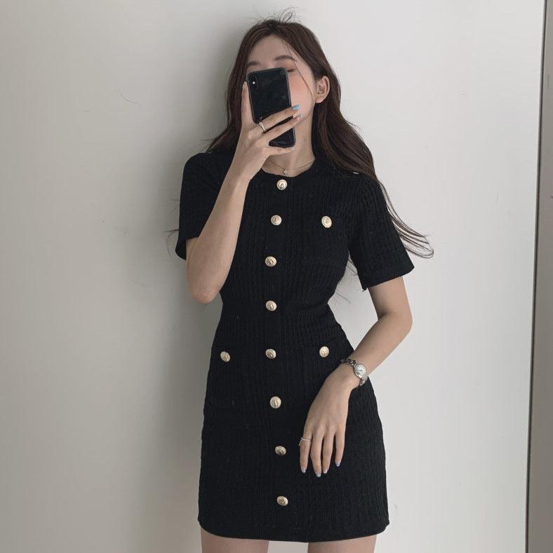 Single row French sweet round neck slim knitted dress - MRSLM