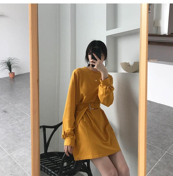 Solid color long-sleeved lace-up waist skirt dress - MRSLM