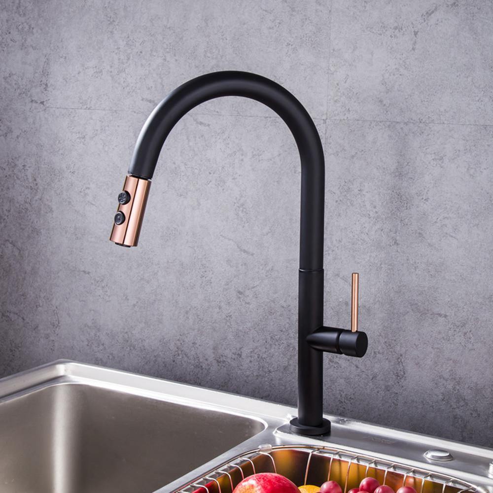 Black Gold Plating Brass Kitchen Sink Faucet Faucet Pull Out Down Hot Cold Water Single Handle Basin Mixer Tap - MRSLM