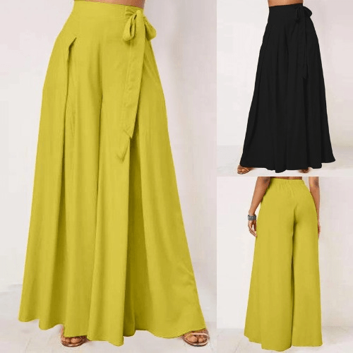 Women Solid Color Tie Waist Casual Swing Pants with Pocket - MRSLM