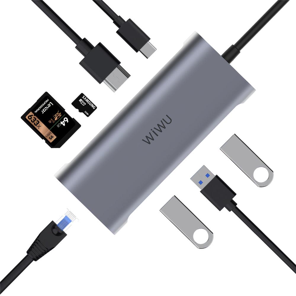 WiWU Alpha 831HRT 8-in-1 USB-C Hub Type-C to USB3.0 Adapter HD Converter SD/TF Card Reader PD Fast Charging RJ45 Multi-functional Docking Station (Grey) - MRSLM