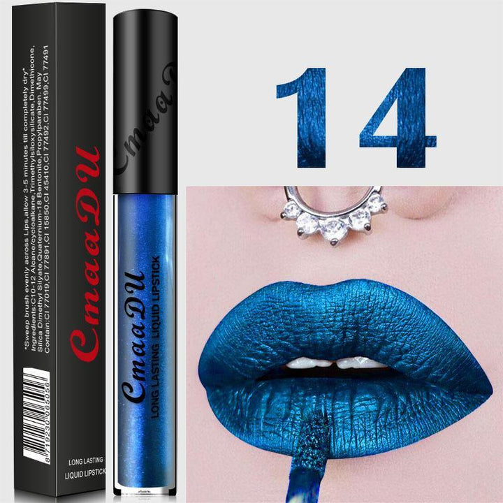 Cmaadu Metal Matte Lip Gloss Makeup Lipstick Sexy Sequin Waterproof Long Lasting Blue Cosmetic - MRSLM