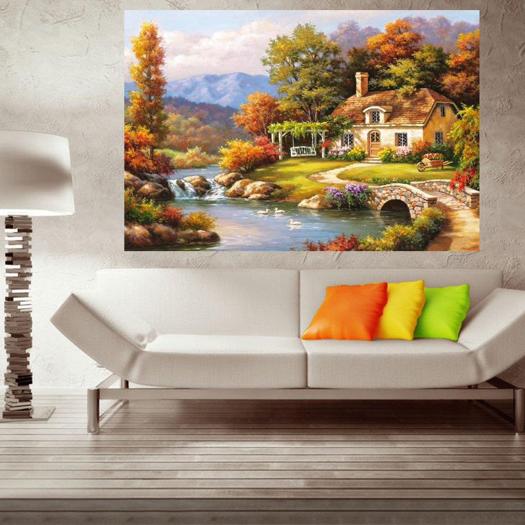 Oil Painting By Number Kit Bridge River Cottage Landscape Painting DIY Acrylic Pigment Painting By Numbers Set Hand Craft Art Supplies Home Office Decor - MRSLM