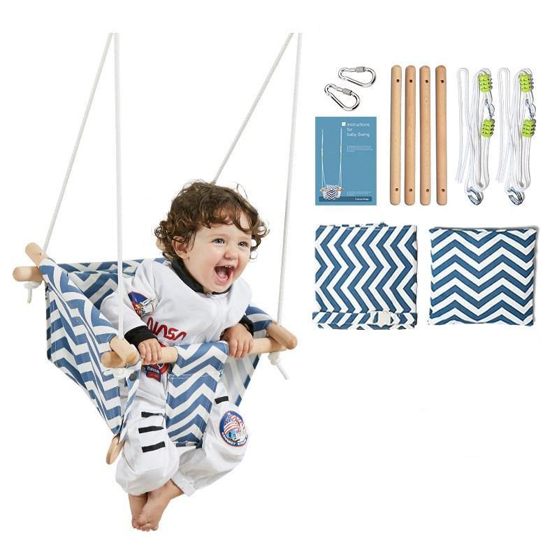 Infant Hanging Chair Child Baby Home Seat Folding Canvas Swing (Blue and white waves) - MRSLM