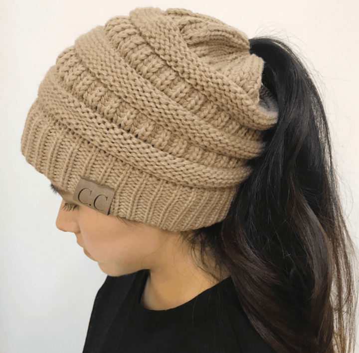 High Bun Ponytail Beanie Hat Chunky Soft Stretch Cable Knit Warm Fuzzy Lined Skull Beanie Acrylic Hats Men And Women - MRSLM