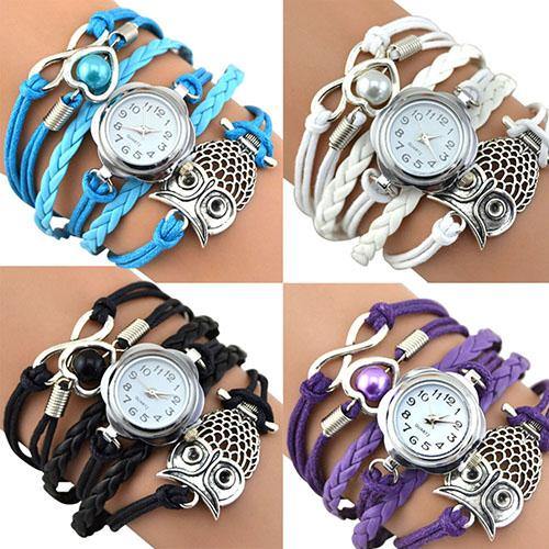Women Owl Wax Cord Multilayer Knitted Faux Leather Bracelet Wrap Wrist Watch - MRSLM