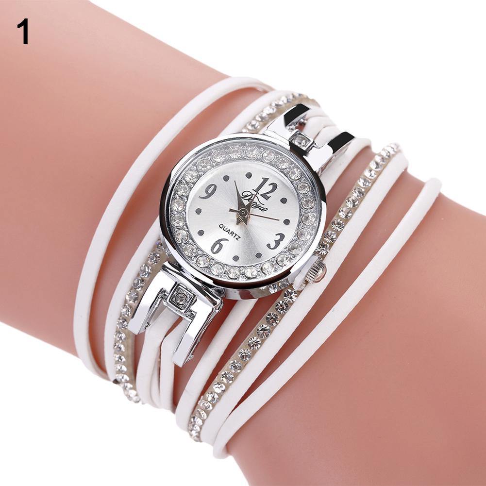 Lady Retro Rhinestone Multilayer Faux Leather Analog Quartz Bracelet Wrist Watch - MRSLM