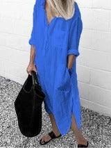 Elegant Solid Color Slit Dress Long Shirt Dress - MRSLM