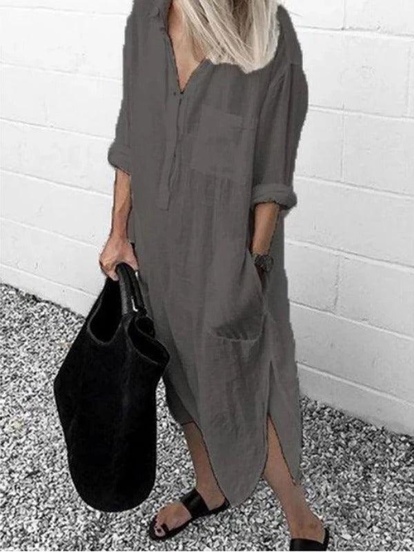 Elegant Solid Color Slit Dress Long Shirt Dress - MRSLM
