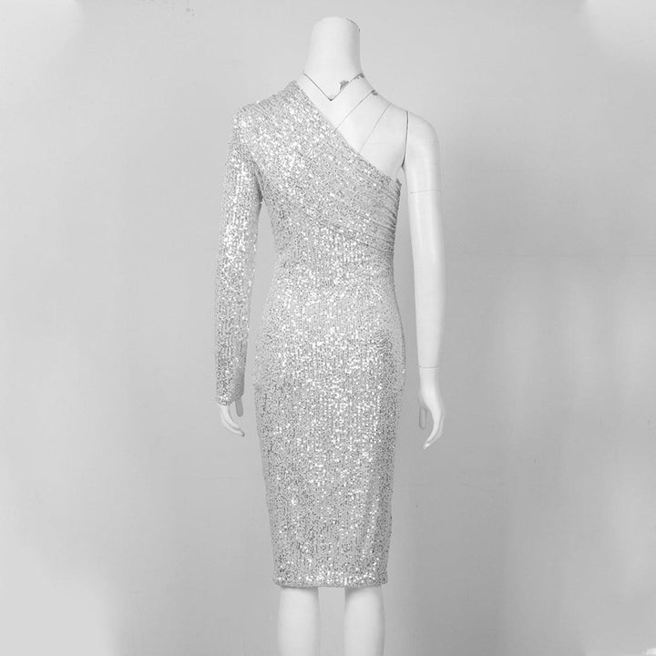 One-Shoulder Strapless Waist Sequined Shiny Catwalk Stage Dress - MRSLM