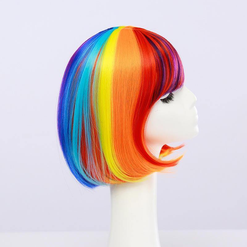 Anime Rainbow Wigs Colorful BOB Head Short Hair Wig Full Bangs High Temperature Wire Headcover Cosplay Hair Wigs - MRSLM