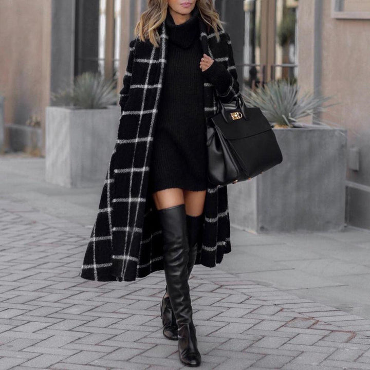 Cross-Border Women's Long Coat Plaid Brushed Woolen Coat Belt - MRSLM