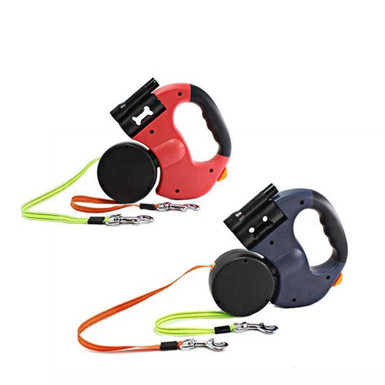 Dual Headed Pet Leashes with Flashlight Garbage Bag Box Automatic Retractable Dogs Traction Rope - MRSLM