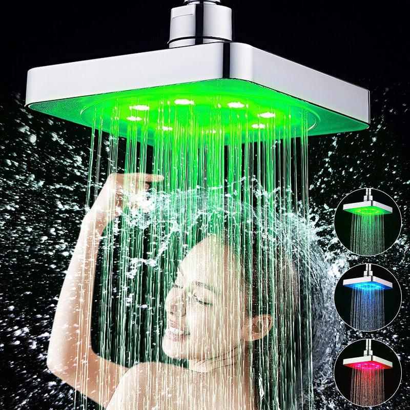 360° Adjustable 6 Inch LED Light Square Rain Shower Head Stainless Steel 3 Color Changing Temperature Control Bathroom Showerhead - MRSLM