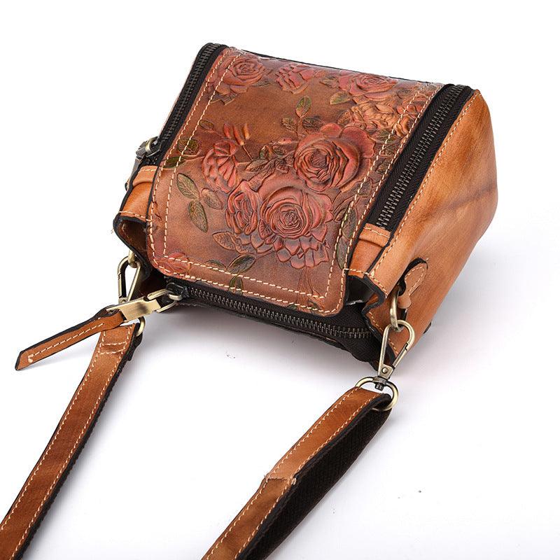 Fashionable Leather Vintage hand embossed handbag with shoulder inclined water bucket - MRSLM