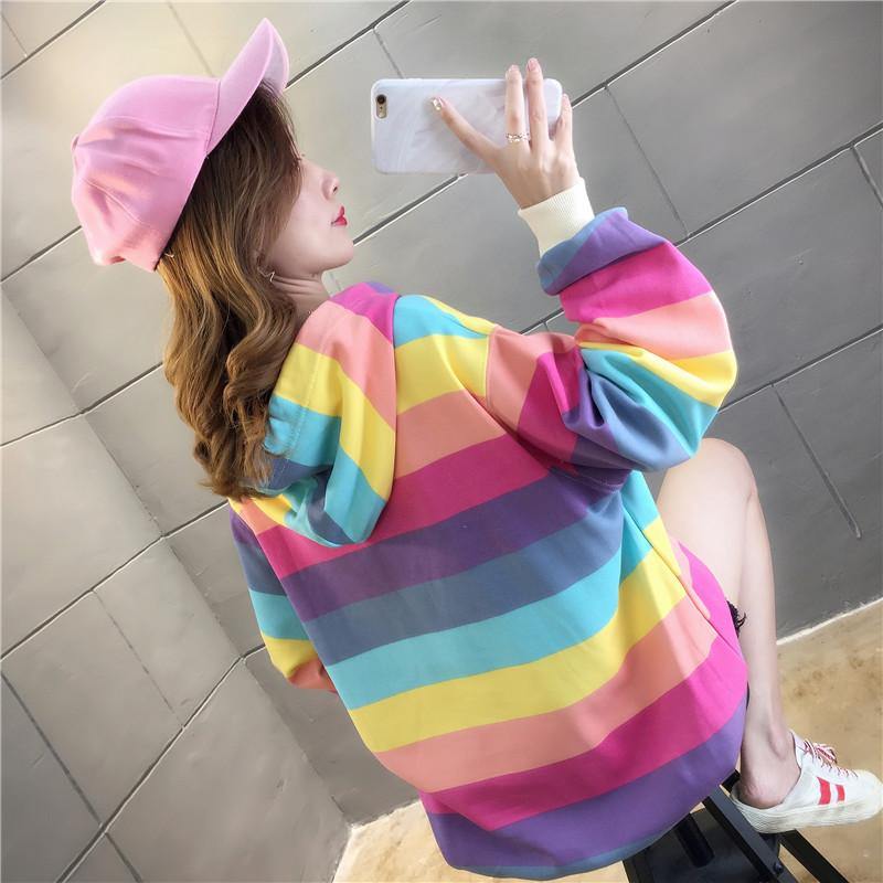 Rainbow stripes loose hood Sweater - MRSLM