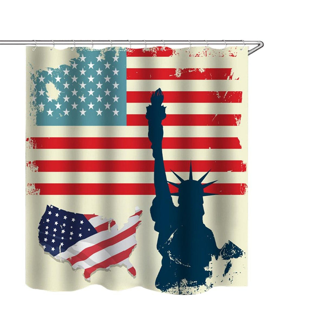 American Flag Bathroom Shower Curtain Non-Slip Rug Toilet Lid Cover Bath Mat with 12 Ring - MRSLM