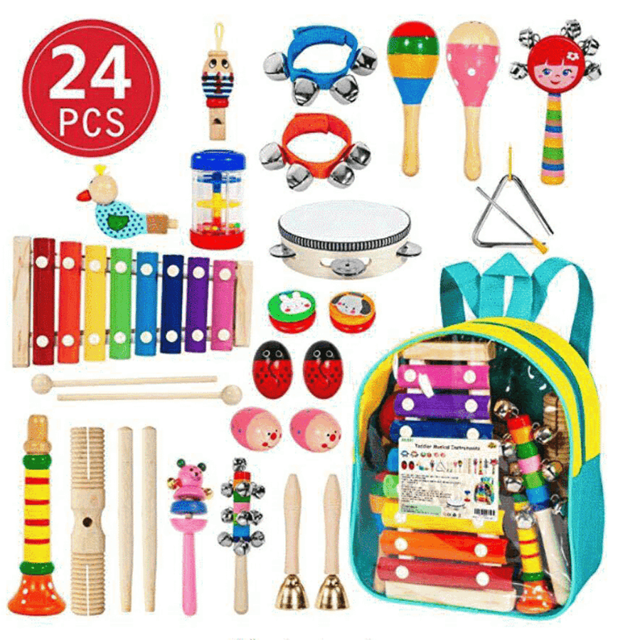 24PCS Wooden Kids Musical Instruments Baby Toddlers Early Education Set Rattles Toys - MRSLM