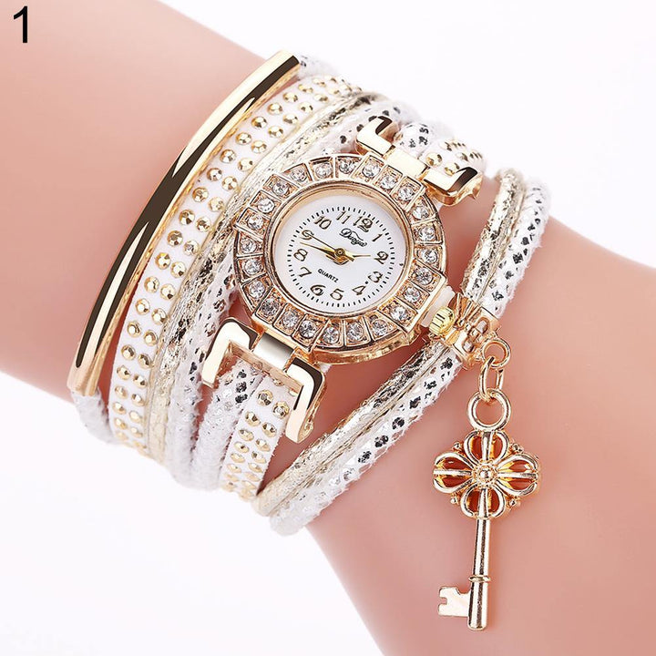 Key Pendant Multi-Layer Rivets Band Arabic Numerals Quartz Bracelet Wrist Watch - MRSLM