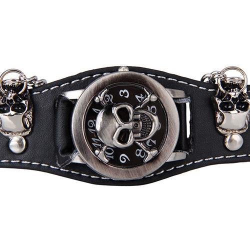 Men Black Punk Rock Chain Skull Faux Leather Bracelet Cuff Gothic Wrist Watch - MRSLM
