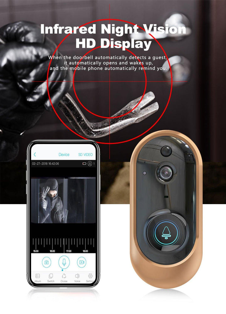 720P Smart WIFI Security Doorbell with Visual Recording Night Vision PIR Motion Detection Low Power Consumption Phone APP Remote (Gold) - MRSLM