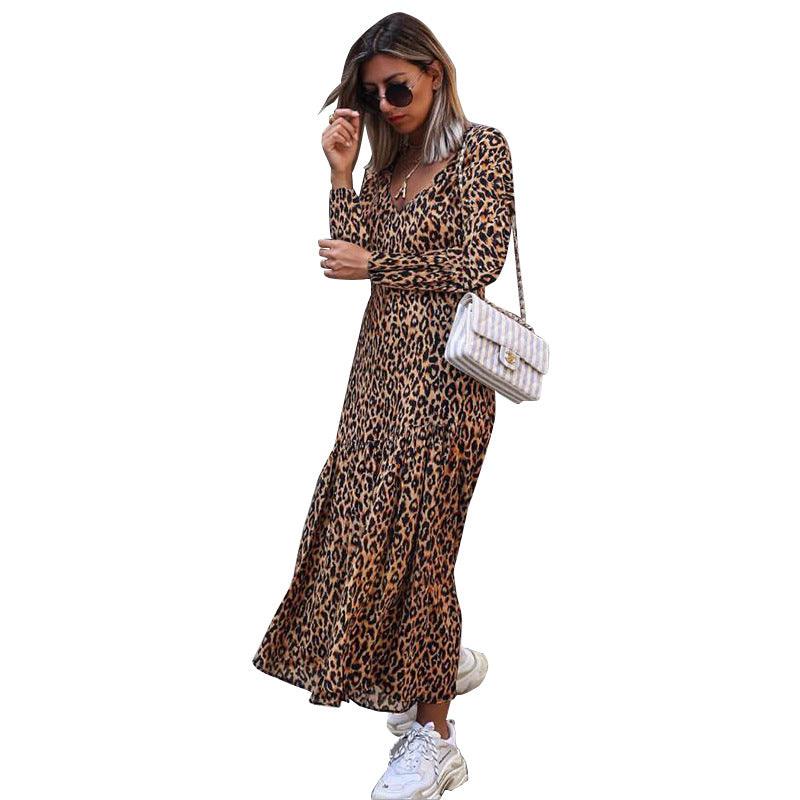 Leopard print V-neck casual dress - MRSLM