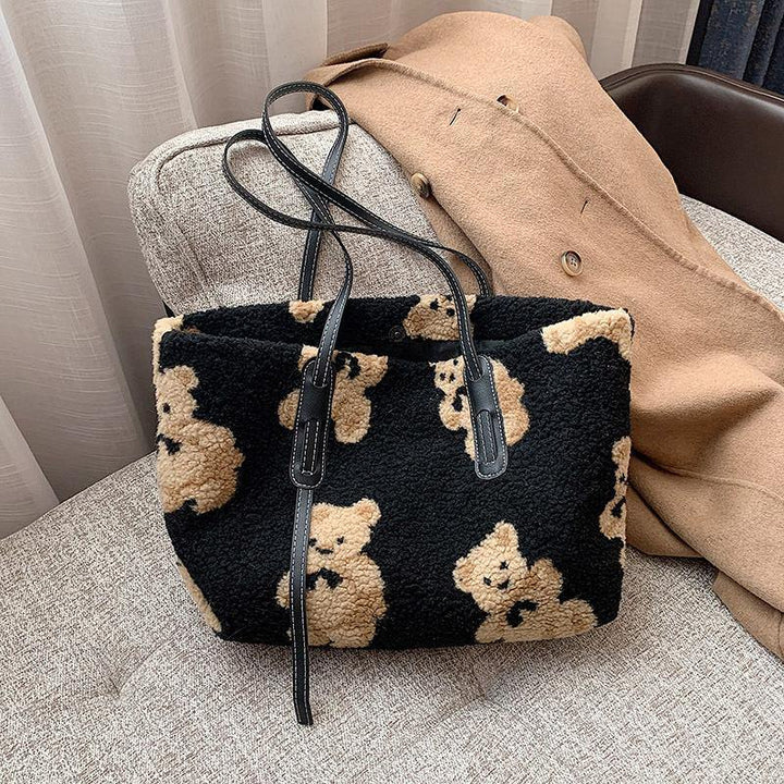 Women Cute Bear Plush Shoulder Bag Large Tote Handbag Purse - MRSLM