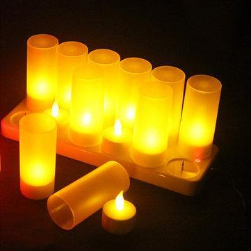 12PCS Flameless Rechargeable LED Candle Light Flickering Amber Tealights Power Adapter for Party Home Decor - MRSLM