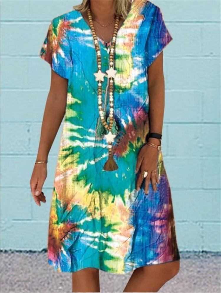 Multi-color printed short-sleeved V-neck dress - MRSLM