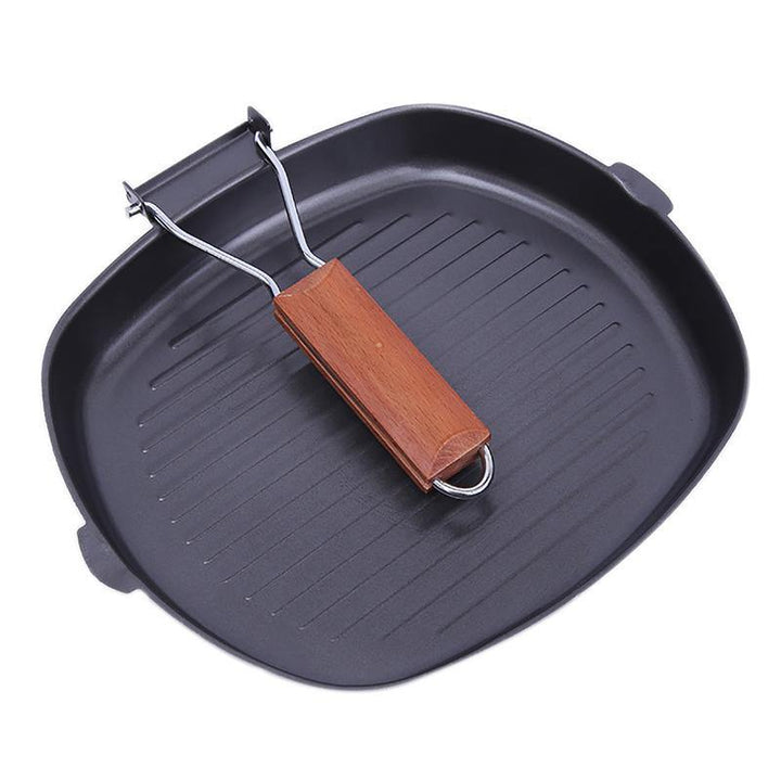 Cast Iron Steak Grill Pans Non-Stick Wooden Handle Folding for Kitchen Fry Cooking Portable Square Steak Pans - MRSLM