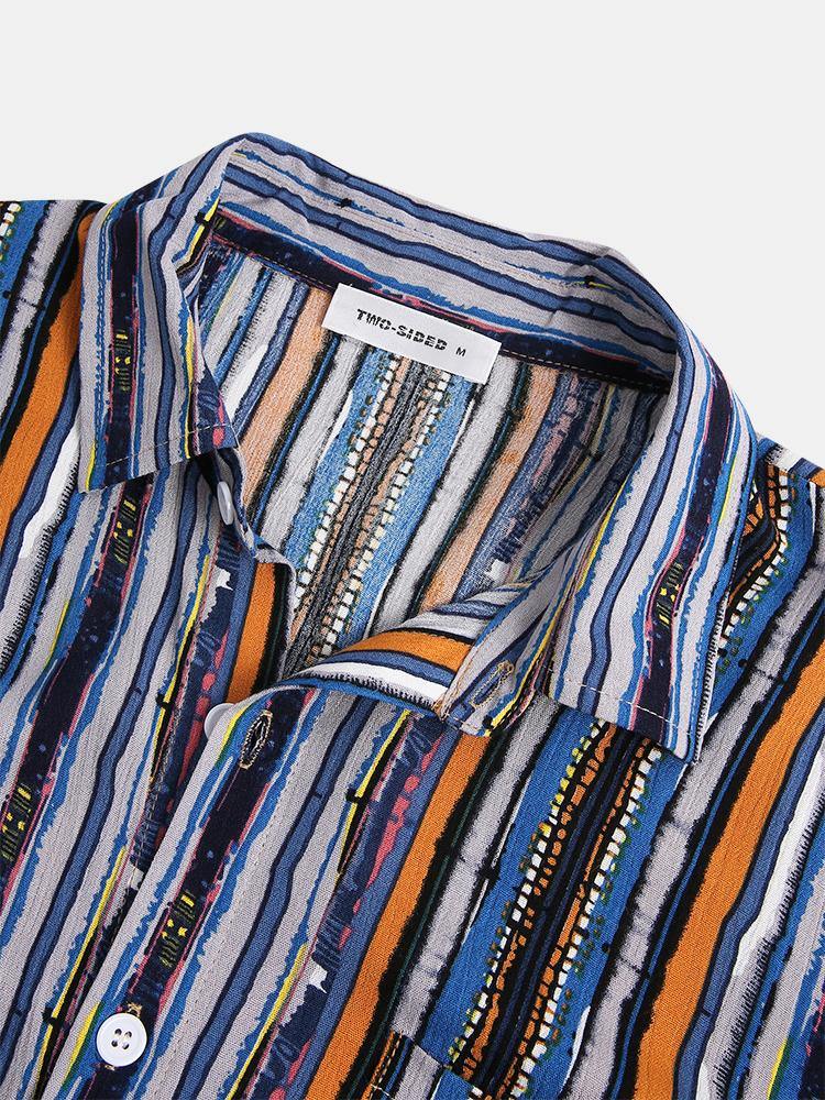 Mens Cotton Colorful Striped Pocket Short Sleeve Shirts - MRSLM