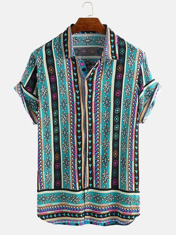 Mens Ethnic Style Pattern Printed Summer Loose Casual Shirts - MRSLM