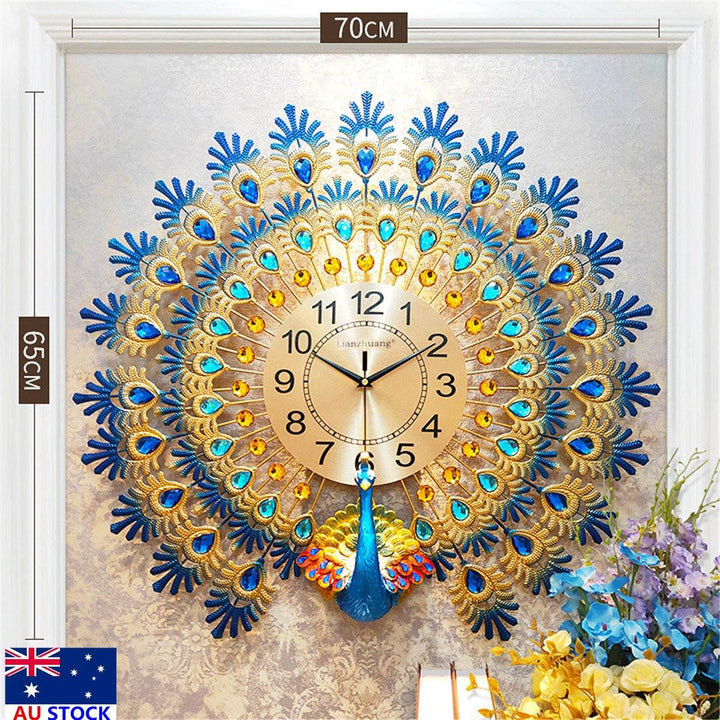 70*65cm Modern Large Peacock Wall Clock Quartz Clock Living Room Mute Home Decor - MRSLM