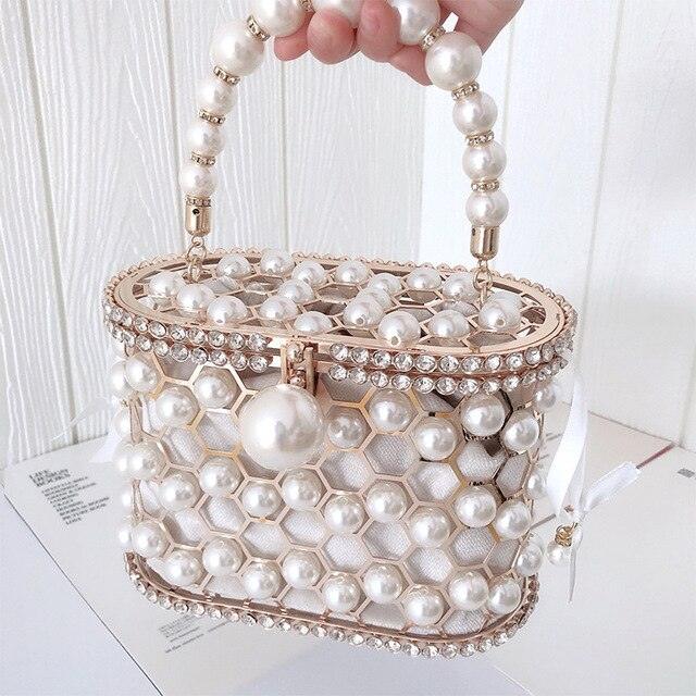 Luxury Pearl Women's Handbag Hollow Out Wedding Clutch Purse Bag Female Rhinestone Metal Cage Basket Shoulder Bag ZD1846 - MRSLM